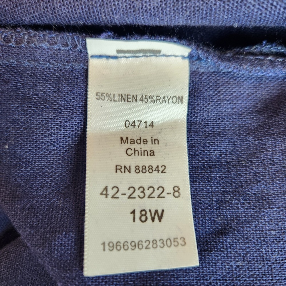 Jessica London Hi-Low Linen Blend Tunic Women`s Sz 18W Navy Blue Roll Tab Sleeve - Picture 9 of 10